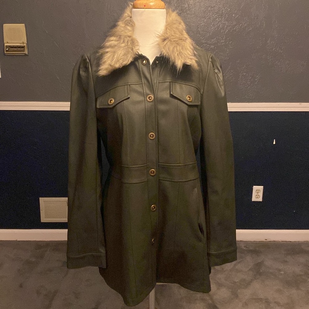 Faux leather jacket with removable fur collar